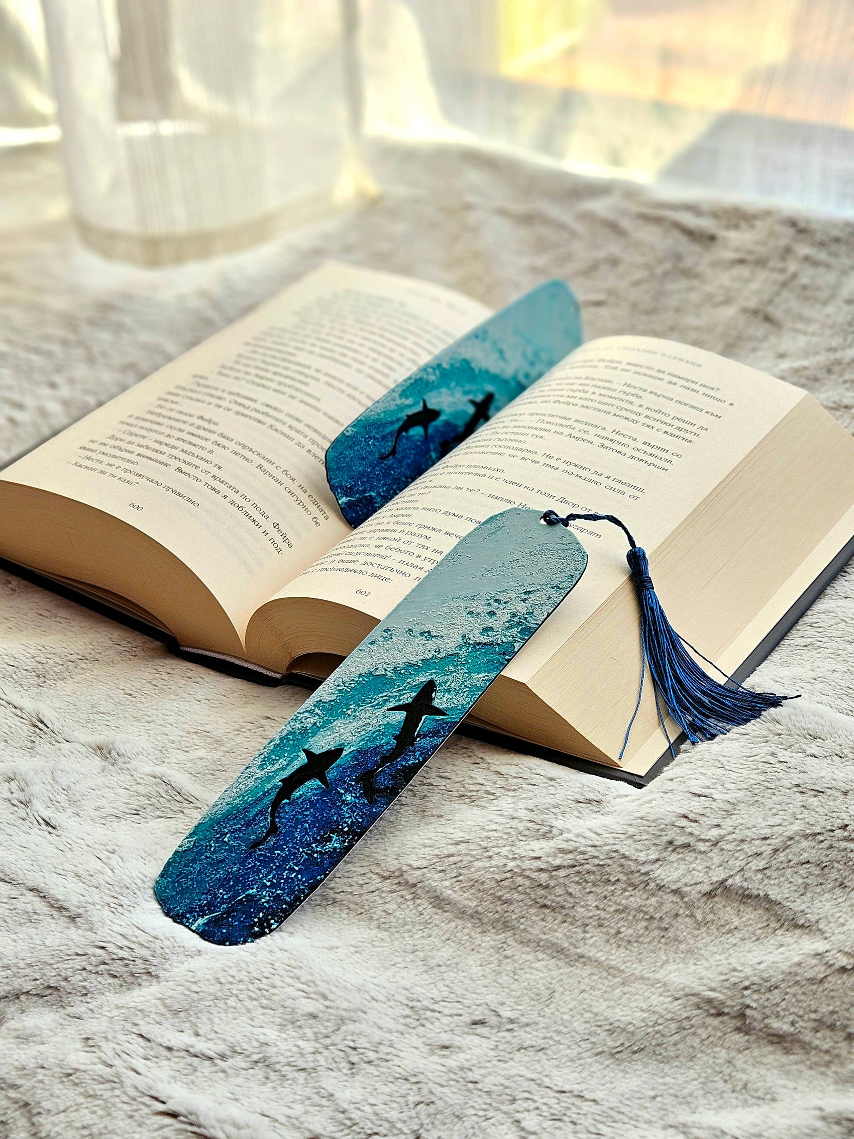 Ocean Wave Shark Bookmark with Tassel – Coastal Blue Book Lover Gift