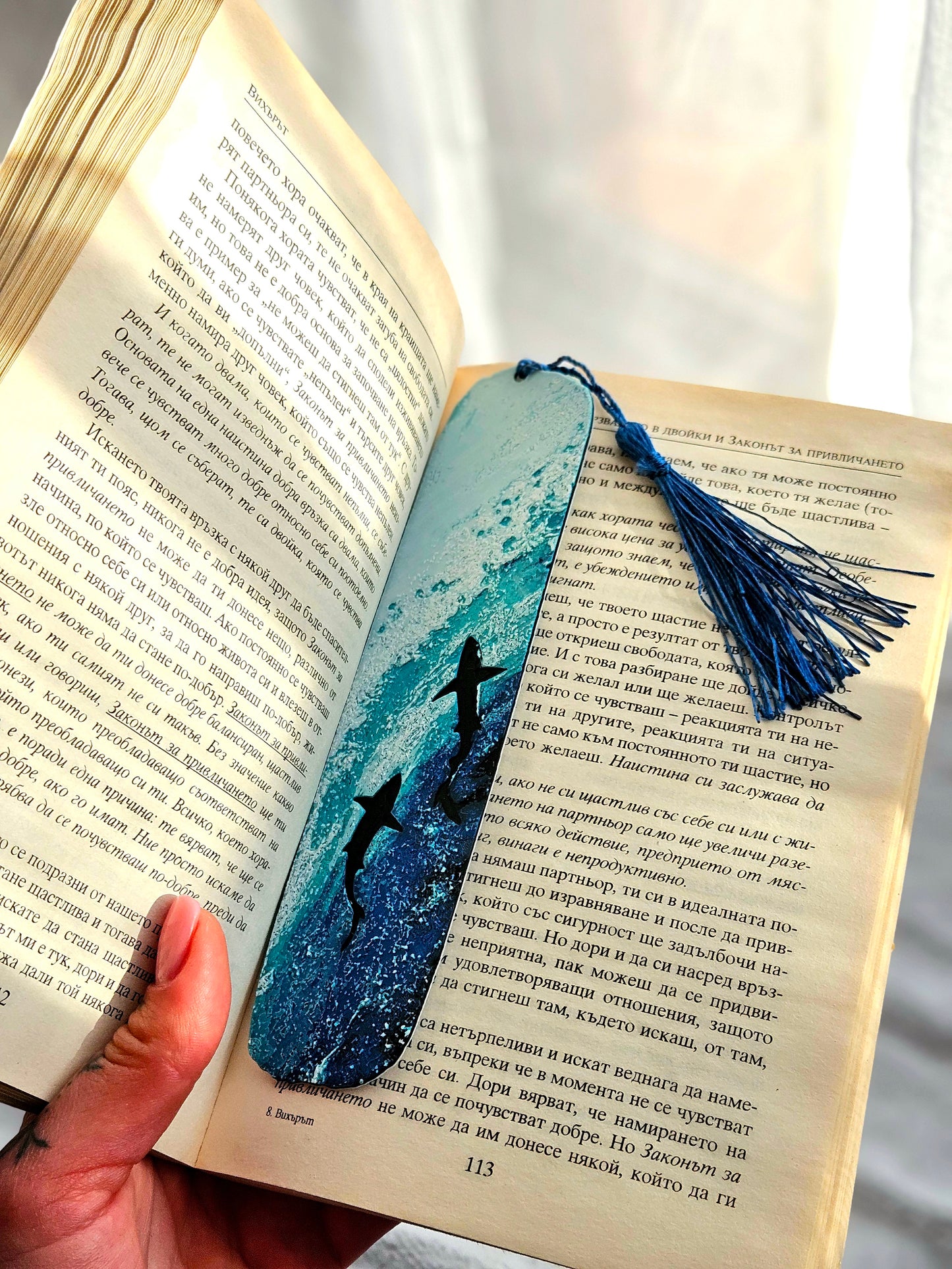 Ocean Wave Shark Bookmark with Tassel – Coastal Blue Book Lover Gift
