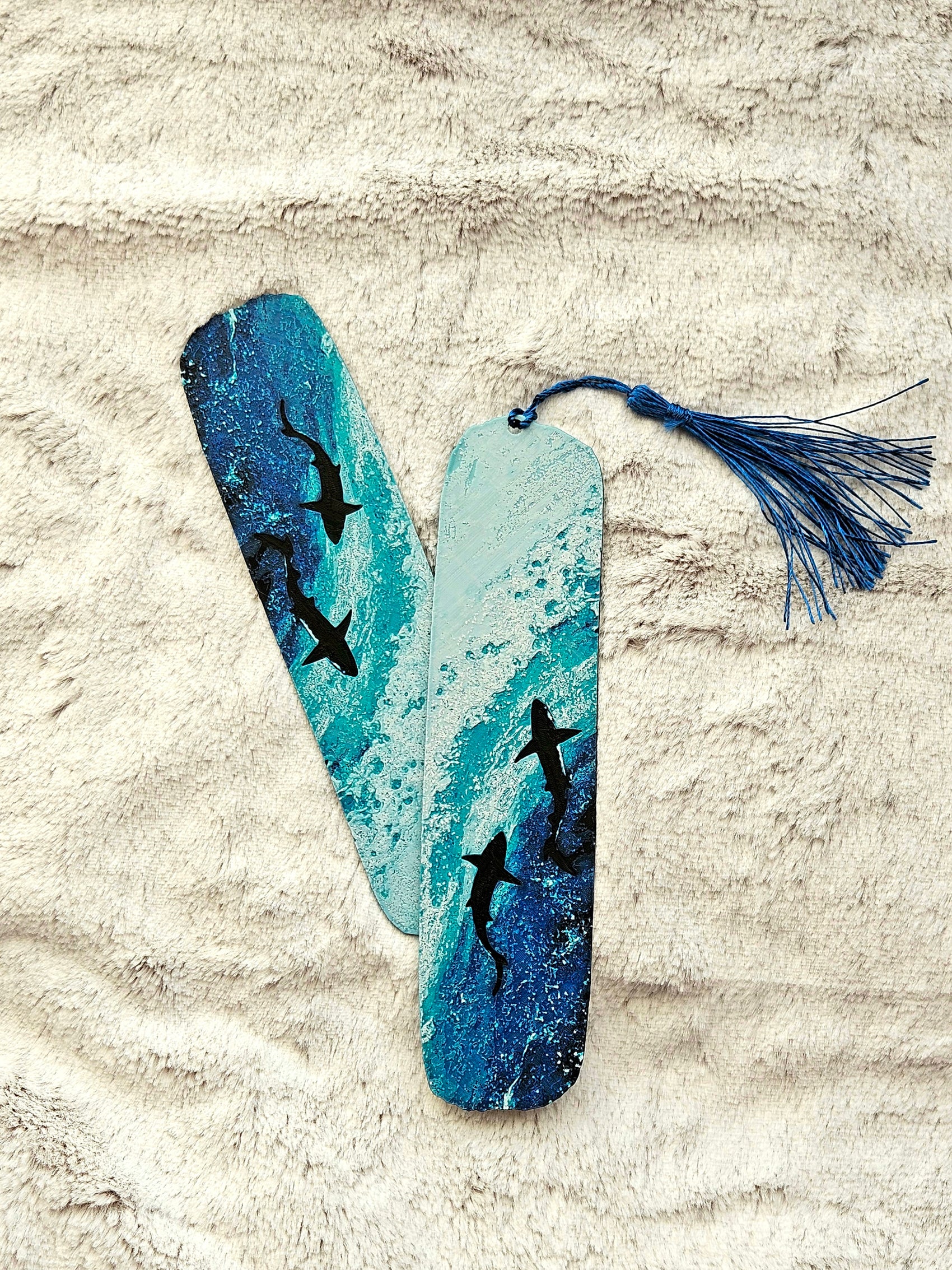 Ocean Wave Shark Bookmark with Tassel – Coastal Blue Book Lover Gift