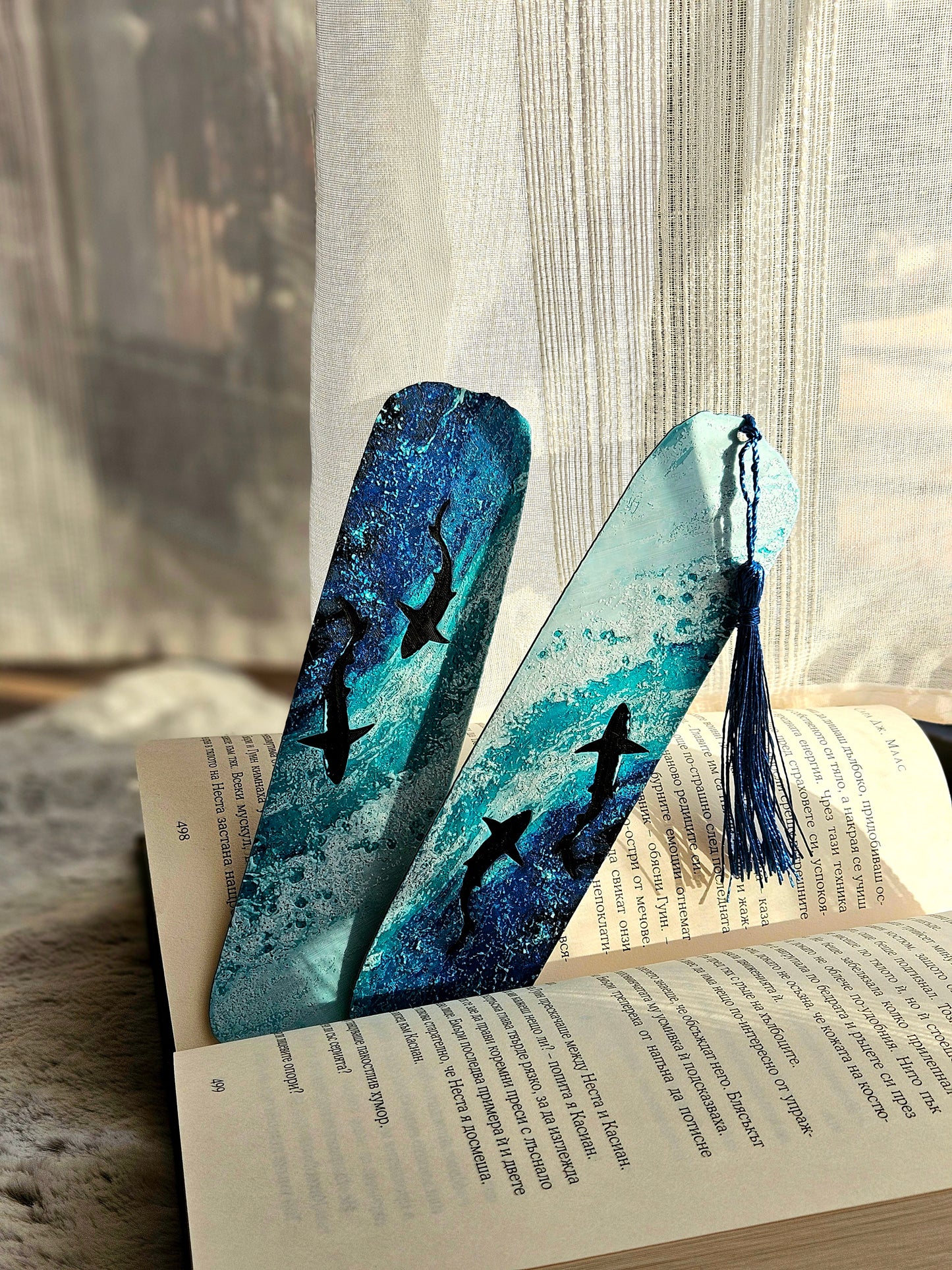 Ocean Wave Shark Bookmark with Tassel – Coastal Blue Book Lover Gift
