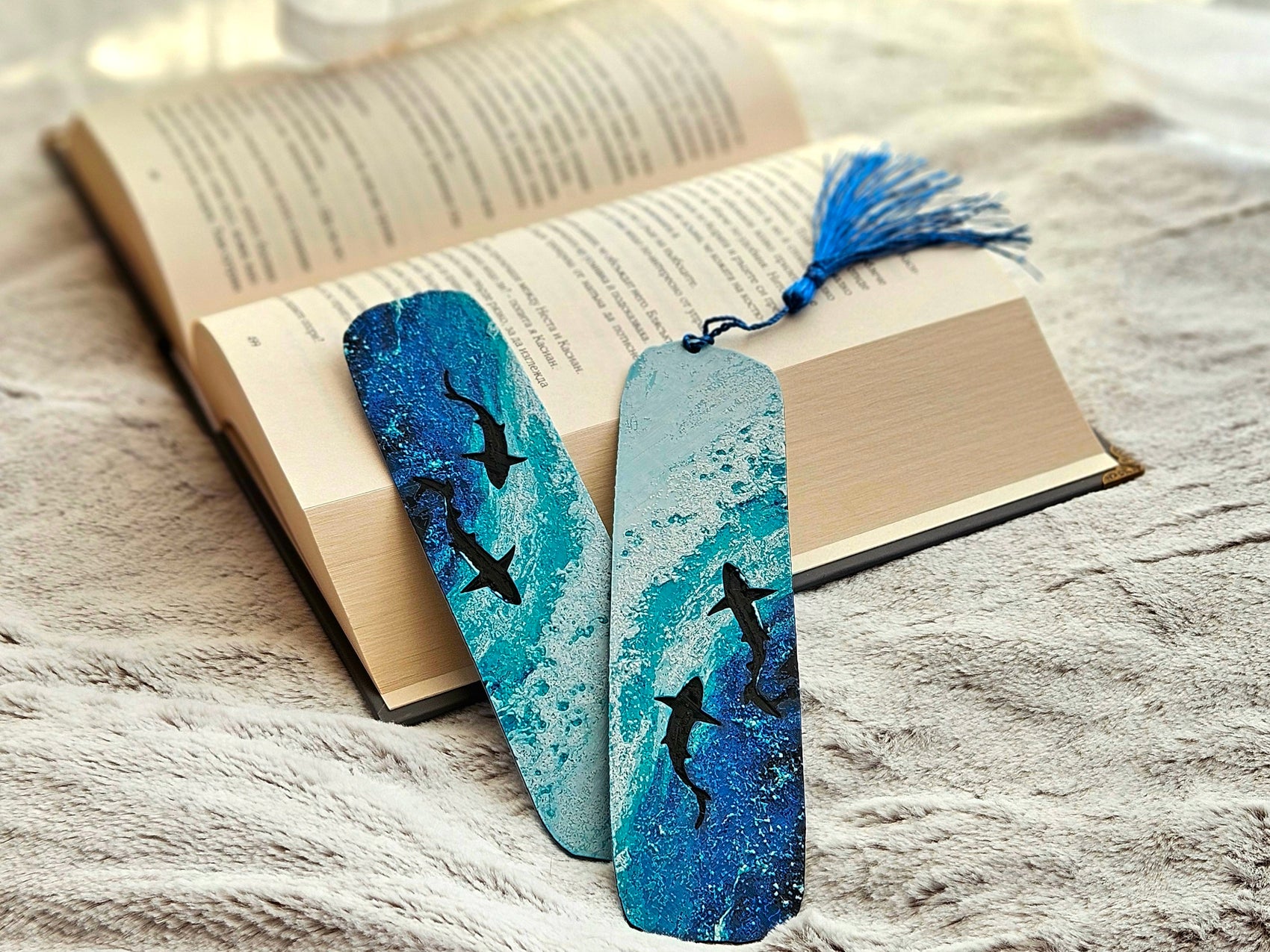 Ocean Wave Shark Bookmark with Tassel – Coastal Blue Book Lover Gift