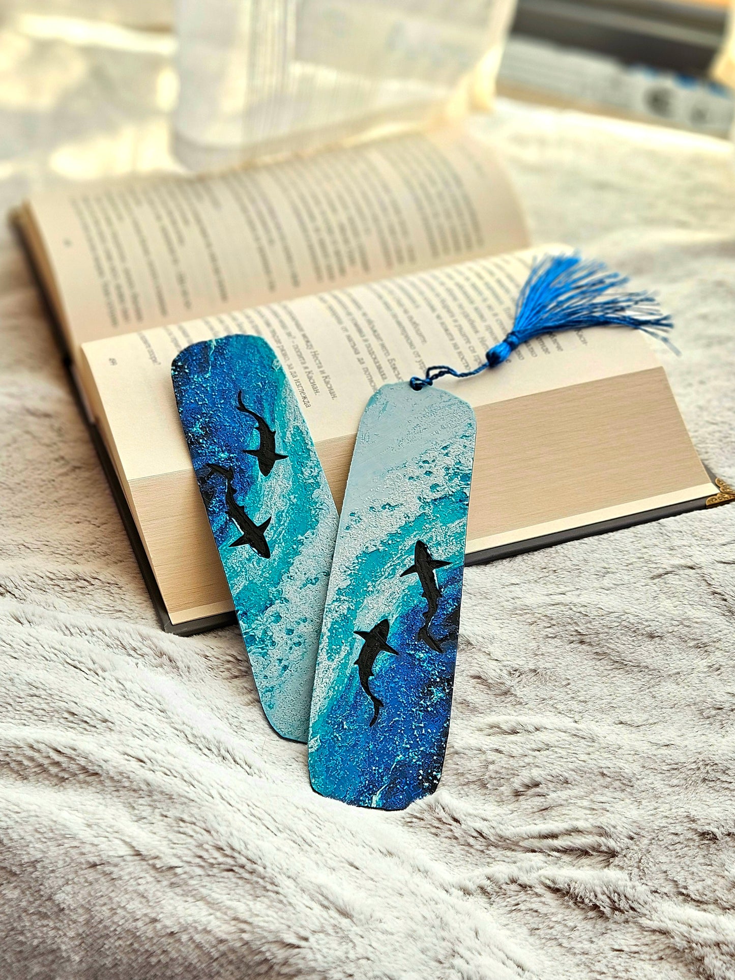 Ocean Wave Shark Bookmark with Tassel – Coastal Blue Book Lover Gift