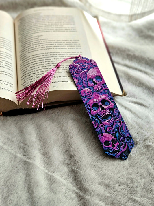 Gothic skull 3D-printed bookmark with deep purple tassel, detailed design by Fandom Forged