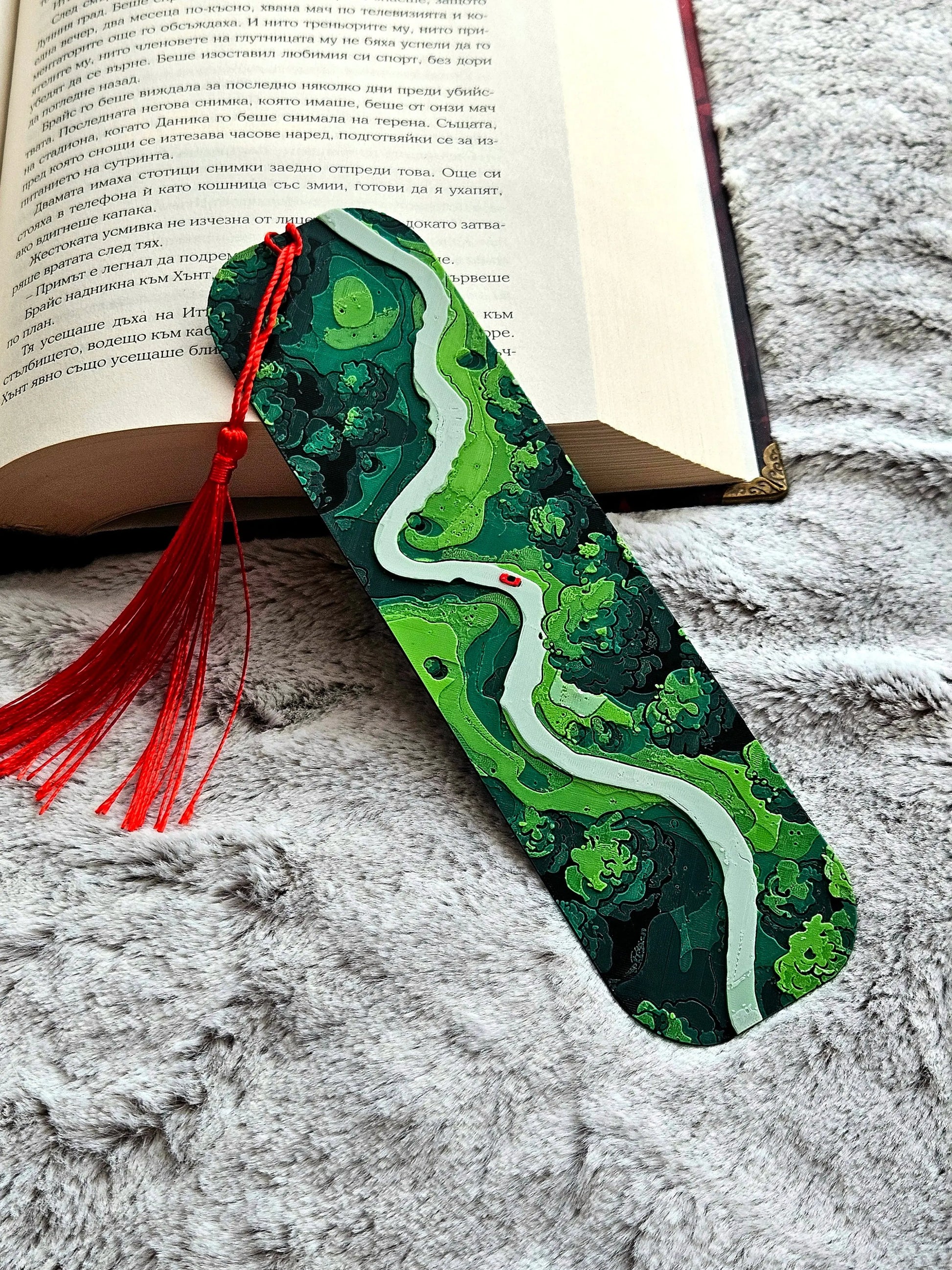 FOREST PATH BOOKMARK WITH RED TASSEL – NATURE-INSPIRED GIFT FOR READERS - Fandom Forged