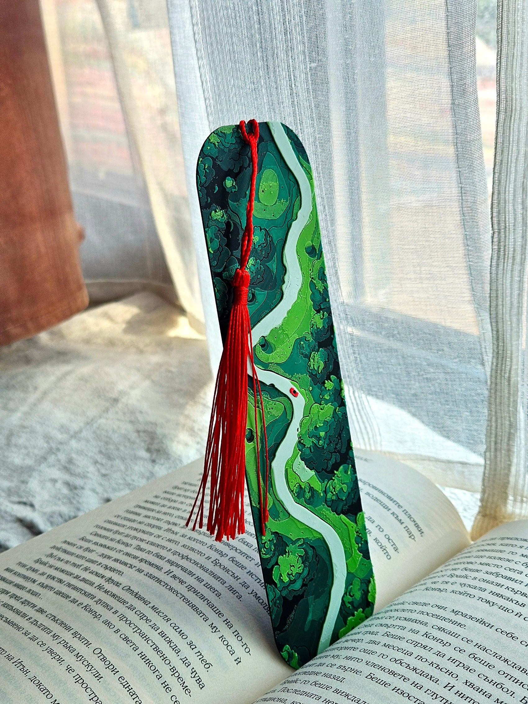 FOREST PATH BOOKMARK WITH RED TASSEL – NATURE-INSPIRED GIFT FOR READERS - Fandom Forged