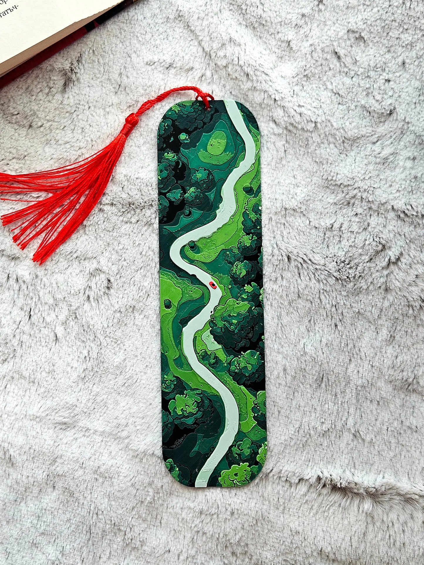 FOREST PATH BOOKMARK WITH RED TASSEL – NATURE-INSPIRED GIFT FOR READERS - Fandom Forged