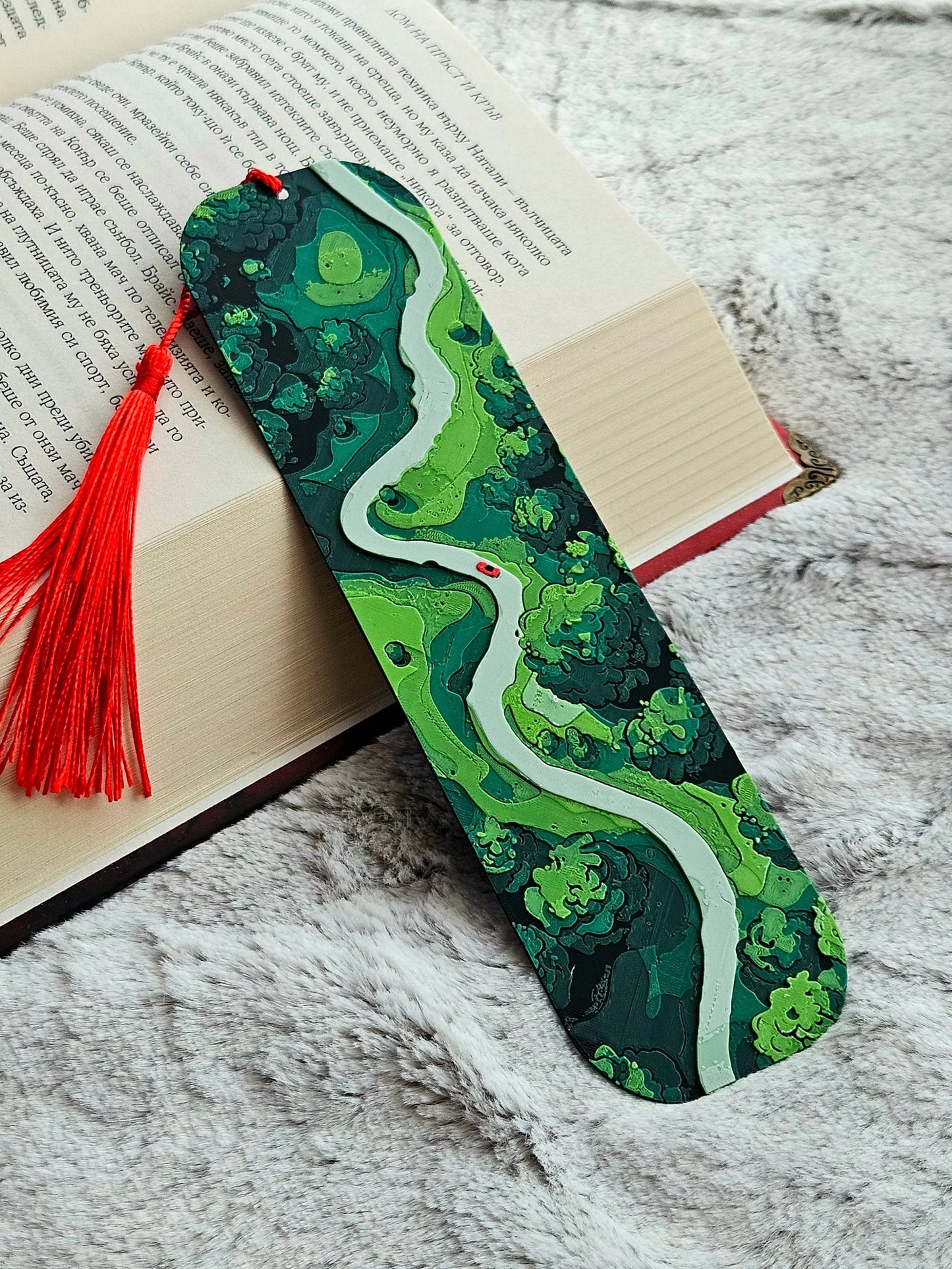 FOREST PATH BOOKMARK WITH RED TASSEL – NATURE-INSPIRED GIFT FOR READERS - Fandom Forged
