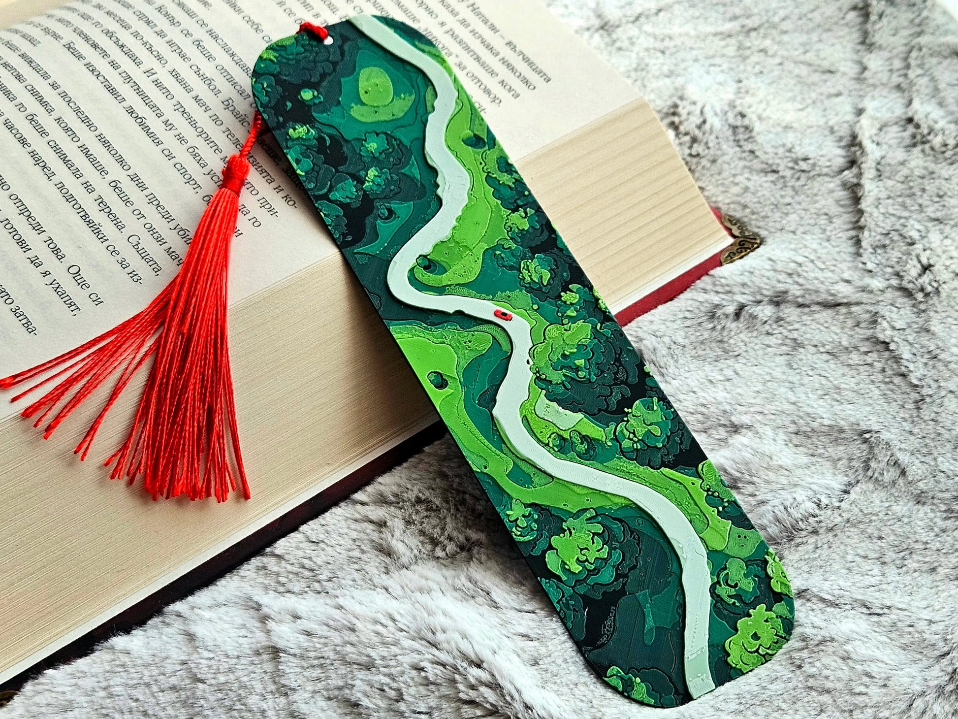 FOREST PATH BOOKMARK WITH RED TASSEL – NATURE-INSPIRED GIFT FOR READERS - Fandom Forged