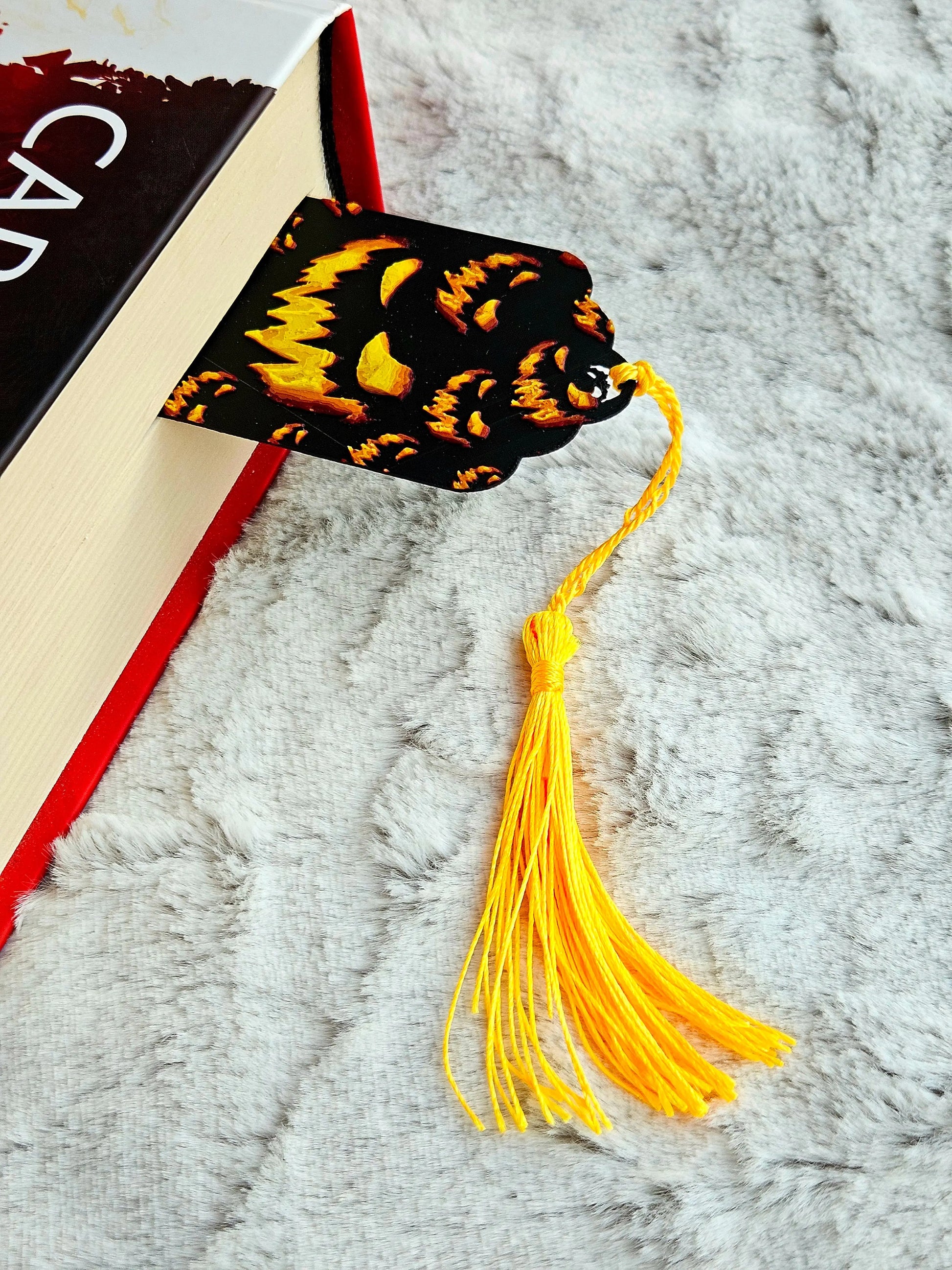 Jack-o’-lantern bookmark with yellow tassel – spooky Halloween gift for readers - Fandom Forged